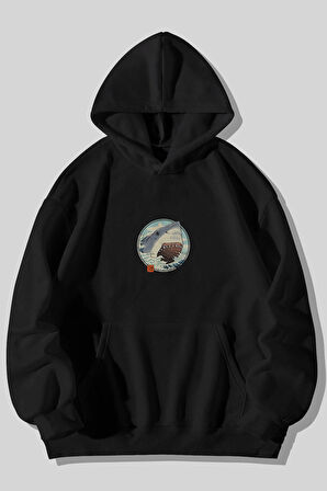 Anime Köpekbalığı Baskılı Unisex Siyah Kanguru Cepli Kapüşonlu Sweatshirt Hoodie | S