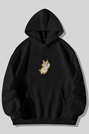 Kawaii Köpek Baskılı Unisex Siyah Kanguru Cepli Kapüşonlu Sweatshirt Hoodie | L