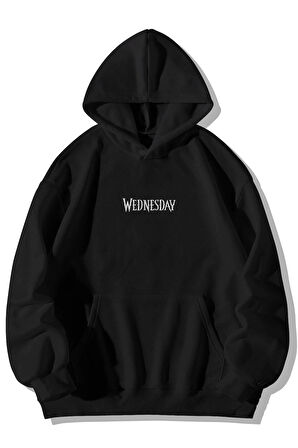 Wednesday Addams Ön Arka Baskılı Unisex Siyah Kanguru Cepli Kapüşonlu Sweatshirt Hoodie | L