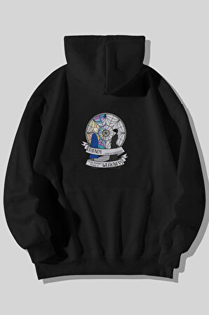 Wednesday Addams Ön Arka Baskılı Unisex Siyah Kanguru Cepli Kapüşonlu Sweatshirt Hoodie | M