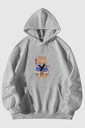 Anime Kedi Baskılı Unisex Gri Kanguru Cepli Kapüşonlu Sweatshirt Hoodie | L