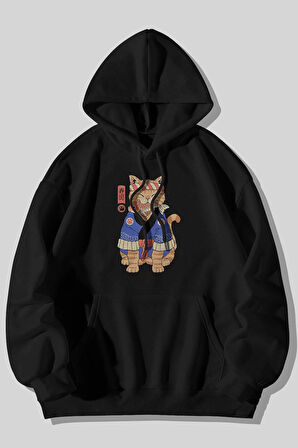 Anime Kedi Baskılı Unisex Siyah Kanguru Cepli Kapüşonlu Sweatshirt Hoodie | XL
