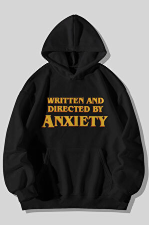Written And Directed By Anxiety Baskılı Unisex Siyah Kanguru Cepli Kapüşonlu Sweatshirt Hoodie | S