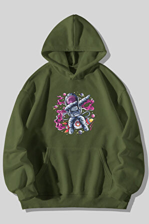 Üç İplik Astronot Baskılı Unisex Çimen Kanguru Cepli Kapüşonlu Sweatshirt Hoodie | S