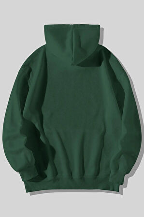 Astronot Baskılı Unisex Yeşil Kanguru Cepli Kapüşonlu Sweatshirt Hoodie | XL