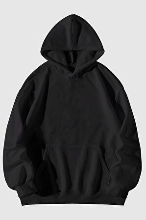 Baskısız Siyah (OKUL SWEATSHİRT) Kanguru Cepli Kapüşonlu Sweatshirt Hoodie | S