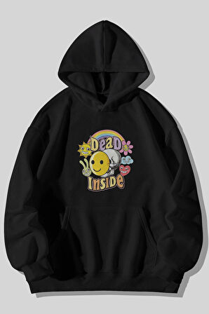 Dead Inside Depresyon Baskılı Unisex Siyah Kanguru Cepli Kapüşonlu Sweatshirt Hoodie | L