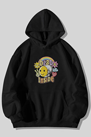 Dead Inside Depresyon Baskılı Unisex Siyah Kanguru Cepli Kapüşonlu Sweatshirt Hoodie | S