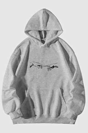 Adem'in Yaratılışı Eller Baskılı Unisex Kanguru Cepli Kapüşonlu Sweatshirt Hoodie | M