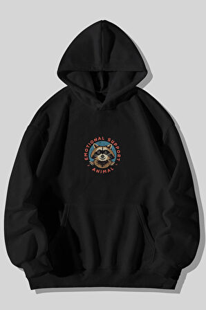 Emotional Support Animal Rakun Baskılı Unisex Siyah Kanguru Cepli Kapüşonlu Sweatshirt Hoodie | L