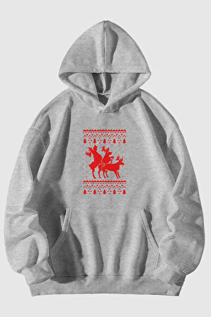 Yılbaşı Noel Baba Geyikleri Baskılı Unisex Kanguru Cepli Kapüşonlu Sweatshirt | L