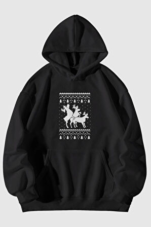 Yılbaşı Noel Baba Geyikleri Baskılı Unisex Kanguru Cepli Kapüşonlu Sweatshirt | XL