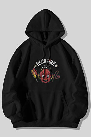 Stranger Things Heckfire Club Baskılı Unisex Siyah Kanguru Cepli Kapüşonlu Sweatshirt Hoodie | XL