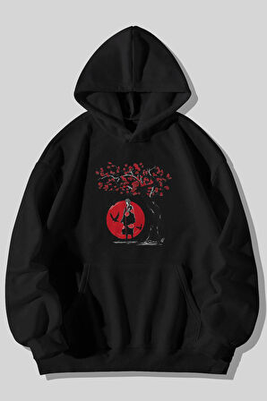 Naruto Akatsuki Itachi Baskılı Unisex Siyah Kanguru Cepli Kapüşonlu Sweatshirt Hoodie | M