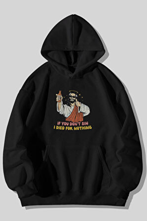 Jesus Baskılı Unisex Siyah Kanguru Cepli Kapüşonlu Sweatshirt Hoodie | L