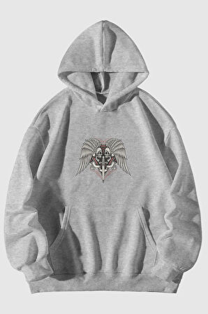 Kılıç İskelet Baskılı Unisex Gri Kanguru Cepli Kapüşonlu Sweatshirt Hoodie | L