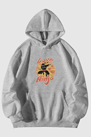 Love Ninja Baskılı Unisex Gri Kanguru Cepli Kapüşonlu Sweatshirt Hoodie | L