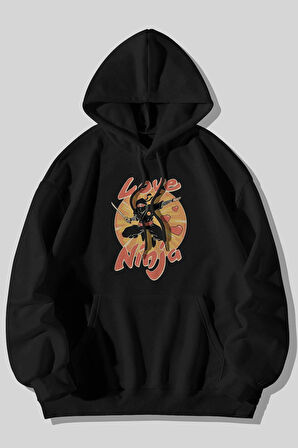 Love Ninja Baskılı Unisex Siyah Kanguru Cepli Kapüşonlu Sweatshirt Hoodie | S