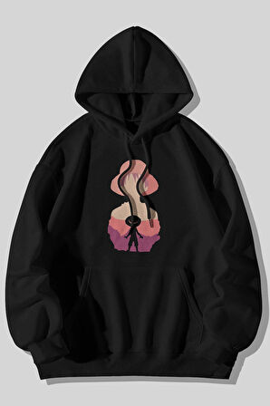 One Piece Luffy Anime Baskılı Unisex Siyah Kanguru Cepli Kapüşonlu Sweatshirt Hoodie | XL