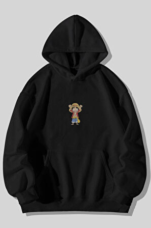 One Piece Luffy Baskılı Unisex Siyah Kanguru Cepli Kapüşonlu Sweatshirt Hoodie | M
