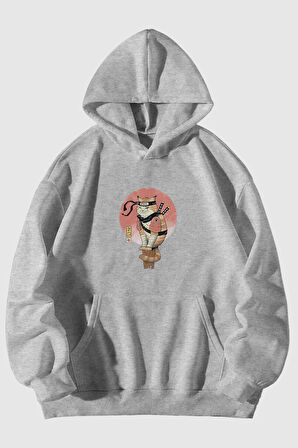 Ninja Kedi Baskılı Unisex Gri Kanguru Cepli Kapüşonlu Sweatshirt Hoodie | XL