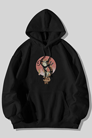 Ninja Kedi Anime Baskılı Unisex Siyah Kanguru Cepli Kapüşonlu Sweatshirt Hoodie | XL