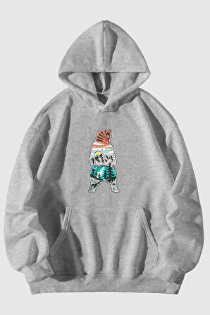 Orman Ayı Baskılı Unisex Gri Kanguru Cepli Kapüşonlu Sweatshirt Hoodie | XL