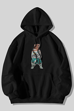 Ormanın Ruhu Ayı Baskılı Unisex Siyah Kanguru Cepli Kapüşonlu Sweatshirt Hoodie | XL