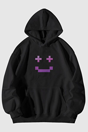 Pixel Yüz Baskılı Unisex Kanguru Cepli Kapüşonlu Sweatshirt Hoodie | XL