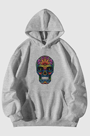 Renkli Kurukafa Baskılı Unisex Gri Kanguru Cepli Kapüşonlu Sweatshirt Hoodie | XL