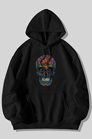 Renkli Kurukafa Baskılı Unisex Siyah Kanguru Cepli Kapüşonlu Sweatshirt Hoodie | M