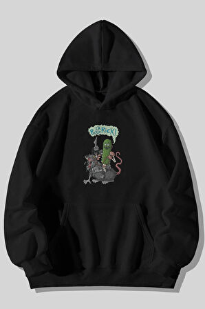 Pickle Rick Baskılı Unisex Siyah Kanguru Cepli Kapüşonlu Sweatshirt Hoodie | XL