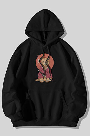 Samuray Kedi Anime Baskılı Unisex Siyah Kanguru Cepli Kapüşonlu Sweatshirt Hoodie | M