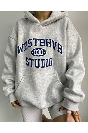 Studio Baskılı Unisex Gri Kanguru Cepli Kapüşonlu Sweatshirt Hoodie | XL