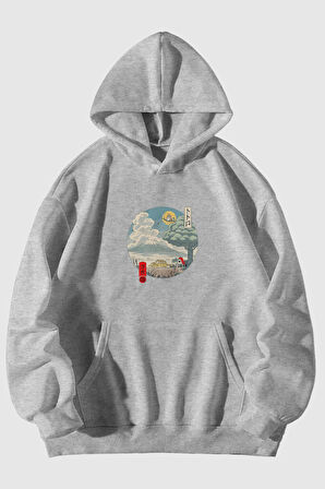 Totoro Baskılı Unisex Gri Kanguru Cepli Kapüşonlu Sweatshirt Hoodie | S