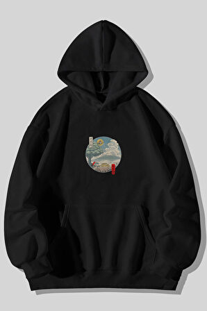 Totoro Anime Baskılı Unisex Siyah Kanguru Cepli Kapüşonlu Sweatshirt Hoodie | L