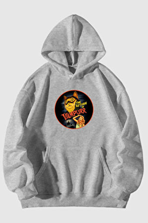 Vampur Kedi Baskılı Unisex Gri Kanguru Cepli Kapüşonlu Sweatshirt Hoodie | M