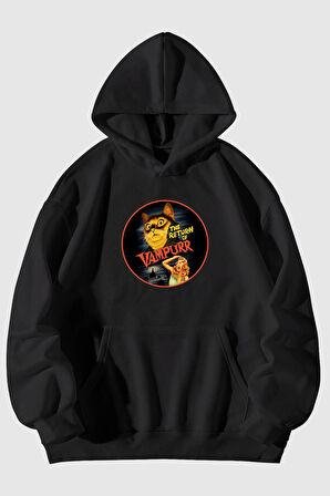Vampur Kedi Baskılı Unisex Siyah Kanguru Cepli Kapüşonlu Sweatshirt Hoodie | XL