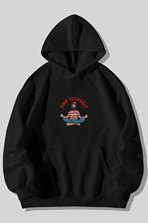 Find Yourself Waldo Baskılı Unisex Siyah Kanguru Cepli Kapüşonlu Sweatshirt Hoodie | XL