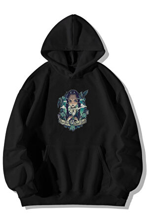 Wednesday Addams Baskılı Unisex Siyah Kanguru Cepli Kapüşonlu Sweatshirt Hoodie | S