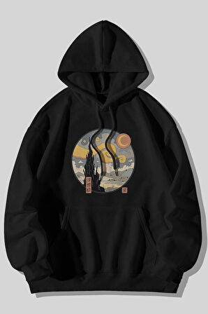 Yıldızlı Gece Baskılı Unisex Siyah Kanguru Cepli Kapüşonlu Sweatshirt Hoodie | XL