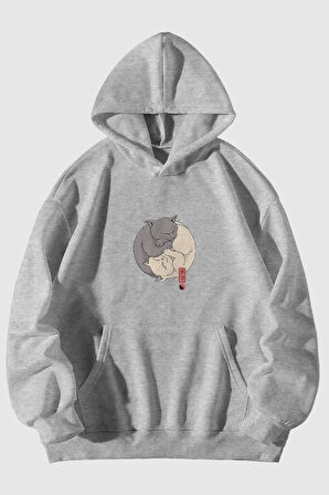 Ying Yang Kedi Baskılı Unisex Gri Kanguru Cepli Kapüşonlu Sweatshirt Hoodie | XL