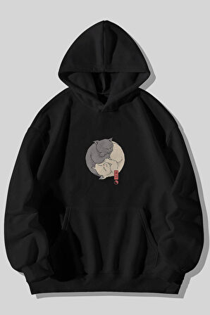 Ying Yang Kedi Baskılı Unisex Siyah Kanguru Cepli Kapüşonlu Sweatshirt Hoodie | L