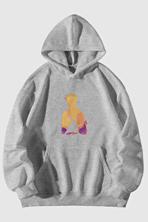 One Piece Zoro Baskılı Unisex Gri Kanguru Cepli Kapüşonlu Sweatshirt Hoodie | L