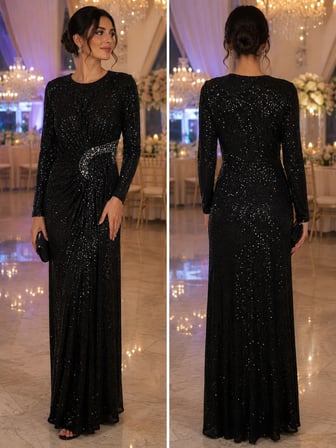 🖤 Siyah Işıltılı Abiye Elbise – Drapeli ve Taş Tokalı Şık Tasarım