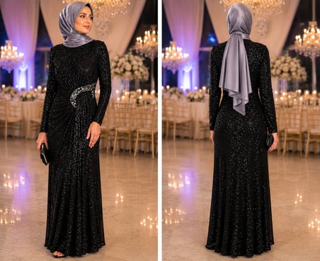 🖤 Siyah Işıltılı Abiye Elbise – Drapeli ve Taş Tokalı Şık Tasarım