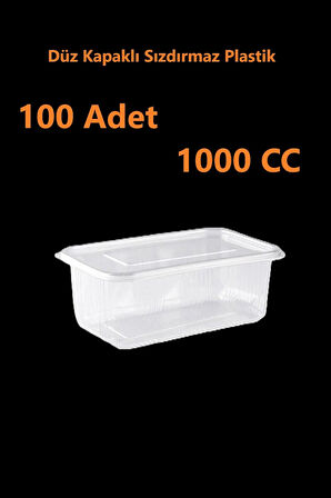 Sızdırmaz Düz Kapaklı Şeffaf Plastik Kap – 1000 cc kapasiteli, 100 Adet, Gıda Saklama ve Servis Kabı