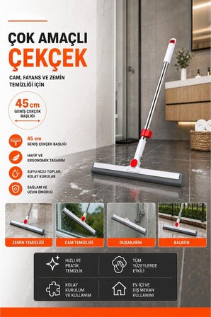 Lüks Teleskopik Saplı Cam Çekçek ve Silecek | Cam, Fayans, Duşakabin ve Zemin Temizleme Aparatı | Ayarlanabilir Uzun Saplı