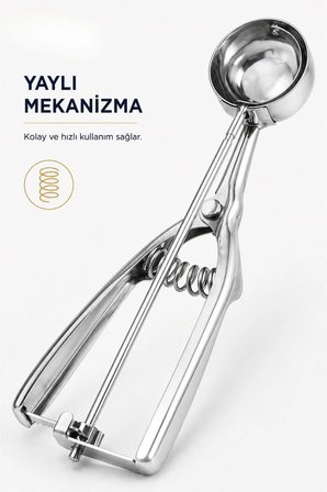 **Paslanmaz Çelik Yaylı Dondurma Kaşığı | Dondurma Topu Yapıcı, Kurabiye Hamuru ve Meyve Topu Servis Kaşığı**