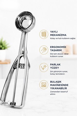 **Paslanmaz Çelik Yaylı Dondurma Kaşığı | Dondurma Topu Yapıcı, Kurabiye Hamuru ve Meyve Topu Servis Kaşığı**